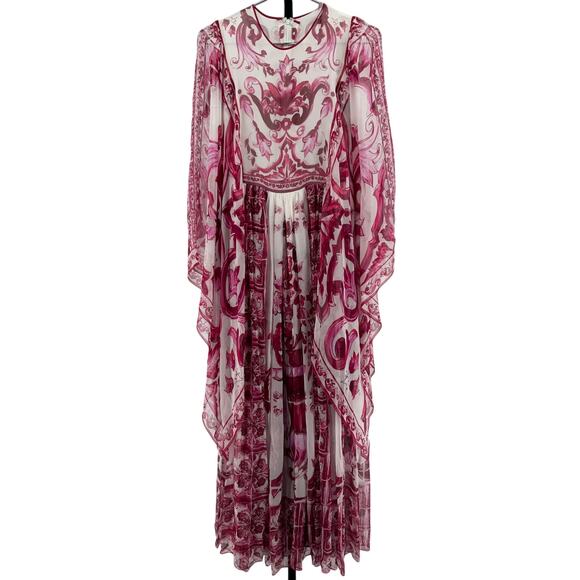 Dolce & Gabbana 'Majolica' Fuchsia Silk Chiffon Maxi Dress Size 42 - Picture 2 of 9